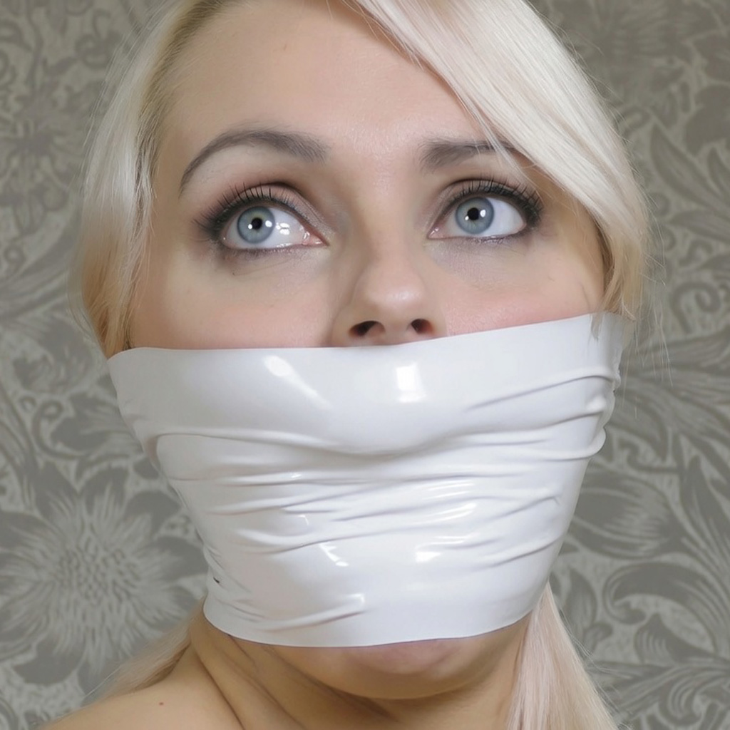 Blonde woman with blue eyes looking upward while tightly gagged under multiple layers of shiny white vinyl PVC tape