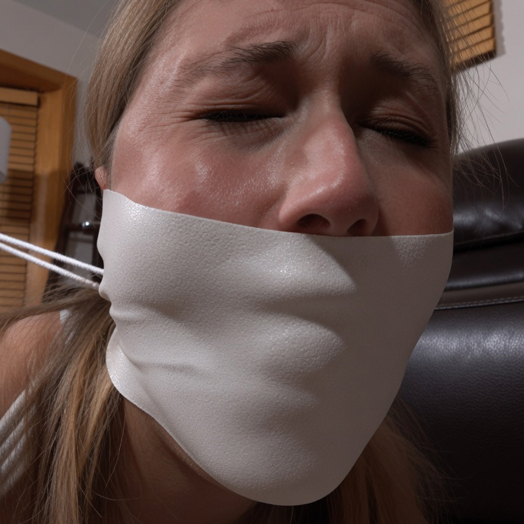 Blonde woman with eyes closed and face tensed, mouth covered by wide white microfoam tape showing a clear rounded bulge underneath