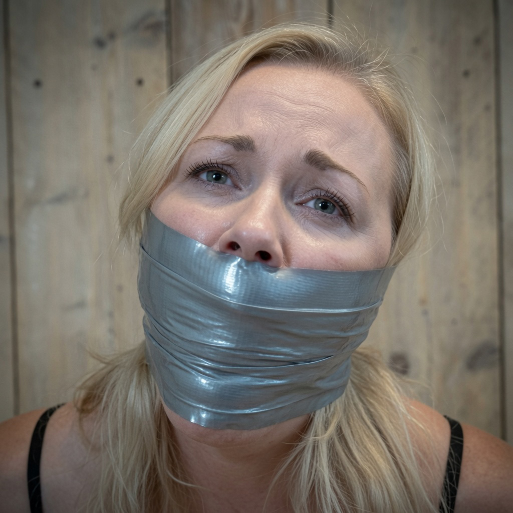 Blonde woman with multiple layers of silver duct tape wrapped tightly over her mouth, looking upward