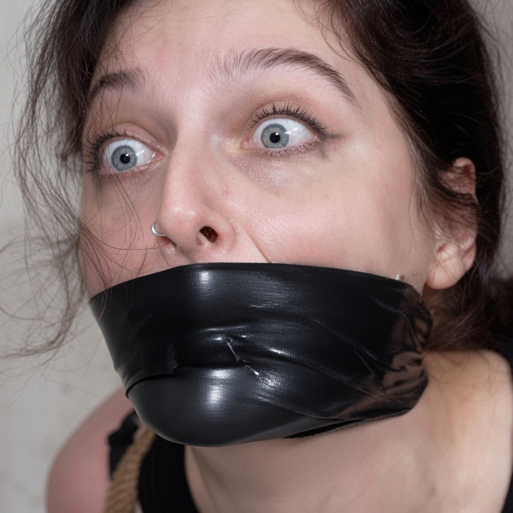 Dark-haired woman with wide blue eyes and a nose ring tightly gagged with shiny black electrical tape